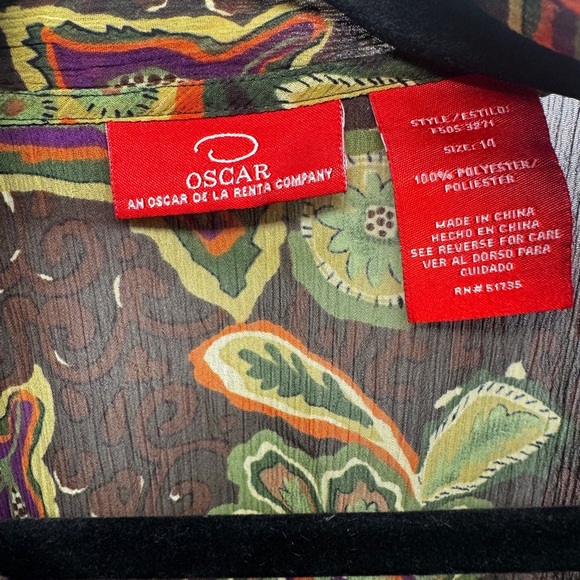 Oscar semi sheer button up floral print blouse with attached tie size 14 - Picture 2 of 8